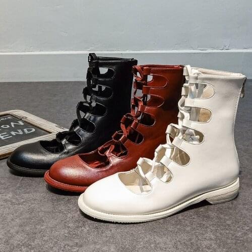 Womens Boots Spring and Summer 2021 New Thin Shoes Breathable Straps Flat Hollow Short Boots