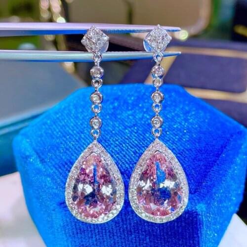 H402 Fine Jewelry Real Pure 18K White Gold AU750 100% Natural Pink Morganite Gemstone 8.5ct Drop Earrings for Women