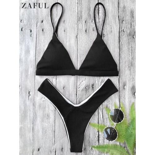 ZAFUL Textured High Cut Padded Plunge Bikini Set Women Solid Swimming Bathing Suit Sexy Swimsuit Femme Brazilian Biquini