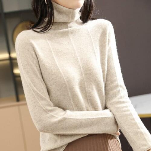Wool sweater womens autumn and winter new style 100% wool knitted long-sleeved high-neck loose large size womens pullover