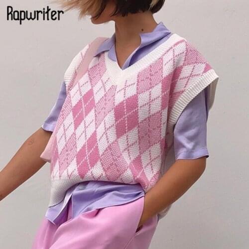 Rapwriter y2k Argyle Plaid Sweater Vest Vintage Plaid Knitted Jumpers Loose Korean Preppy Mini Vest Autumn 90s Women Streetwear