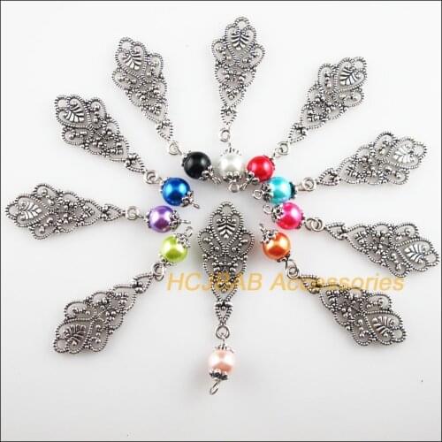 10 New Teardrop Flower Charms Mixed Glass Beads Pendants Tibetan Silver 17.5x59mm
