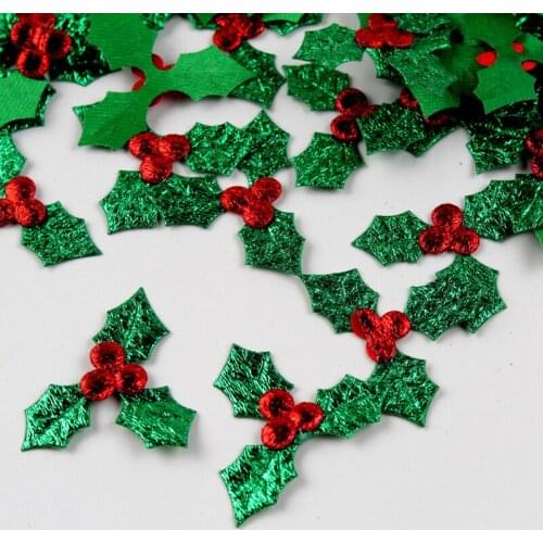 100pcs/Pack Christmas Decoration Holly Berries and Leaves Appliques Laser Green Leaves Christmas Tree Table Decor DIY Craft