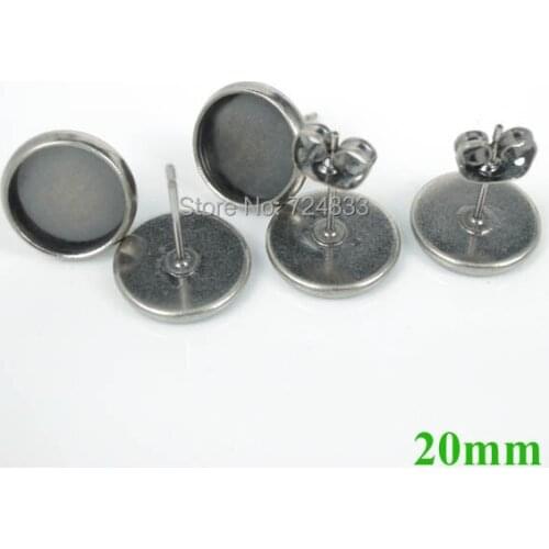20mm Antique Silver Plated Blank Bases Round Bezel Pin Stud Earrings Post w/ Stopper Back Settings Findings Craft Wholesale