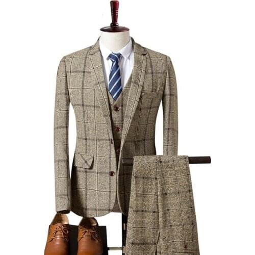 2020 3 Piece Set Plaid Suit Mens Wedding Suits Custom Made Groom Prom Tuxedos Slim Fit Ropa Hombre ( Jacket+Pants+Vest)