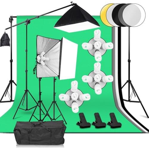 3375W Photographic Lighting Kit 5Socket Lamp Holder 3Light Stand 3 Softbox Boom Arm Background Stand 4Backdrop Photo Accessories