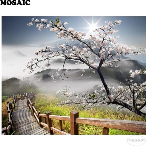 5Diy Diamond Painting Sakura Cherry Blossom Cross Mountain View Stitch Square Diamond Sets Decorative Diamond Embroidery