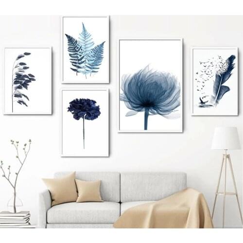 Abstract Blue Botanical Leaf Posters Prints Minimalist Nordic Flowers Plant Canvas Painting Wall Art Pictures for Living Room