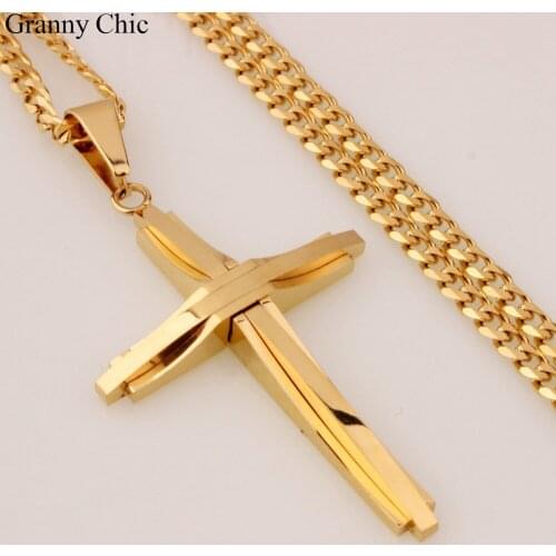 Granny Chic Fashion Mens Jewelry 100% Pure Gold Tone Stainless Steel Simple Cross Pendant with Curb Necklace