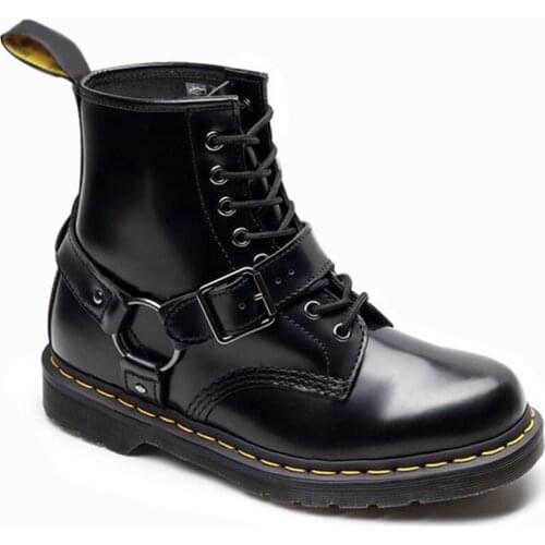 Women boots 2020 martens boots women buckle short boots men women black Genuine leather boots round toe trend motorcycle shoes