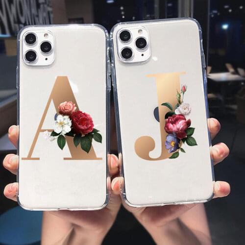 Initial Letter A J Phone Case For iPhone 12 Pro Max 2020 11 Pro Max XR X XS 12mini Flower letters Texture Couples Soft TPU Cover