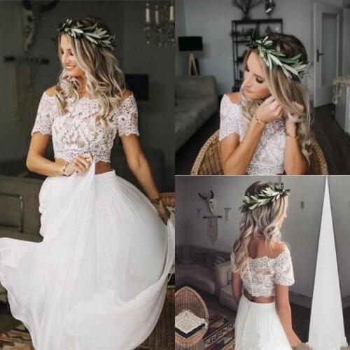 Elegant Lace Wedding Dresses 2020 robe de mariee Off The Shoulder A Line Wedding Gowns Two Piece Handmade Bridal Dress