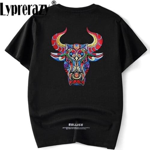 Lyprerazy New Chinese Style Bull Head Embroidery Men T Shirt Summer Short Sleeve Cotton Loose Tees Street Casual T-shirt