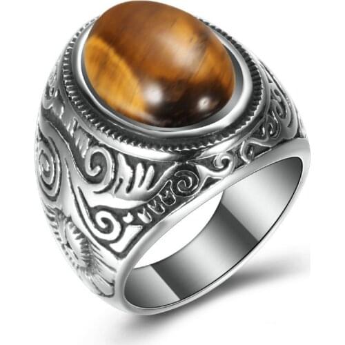 HNSP Vintage 316L Stainless Steel Tiger Eye Natural Stone With Ring For Men Women Finger Jewelry Blue White Brown Color