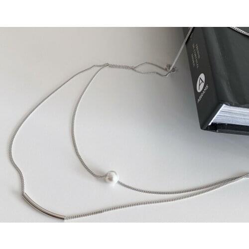 Korea ins niche S925 sterling silver simple temperament double chain pearl necklace female clavicle chain trend online celebrity