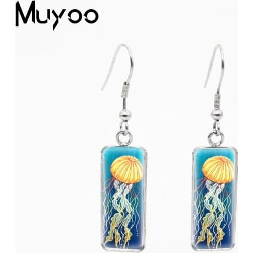 Beauty Colorful Jellyfish in the Ocean Gorgeous Marine Llife Jellyfish Rectangle Fish Hook Earrings Handcraft Jewelry Dangles
