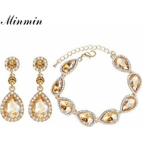 Minmin Champagne Crystal Bridal Jewelry Sets Teardrop Earrings Bracelet Sets for Women Wedding Jewelry Accessories EH298+SL192