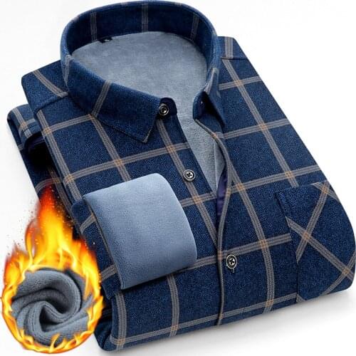 Men Winter Thermal Shirts Warm Fleece Plaid Flannel Shirt Social Thick Underwear Slong Sleeves Clothes