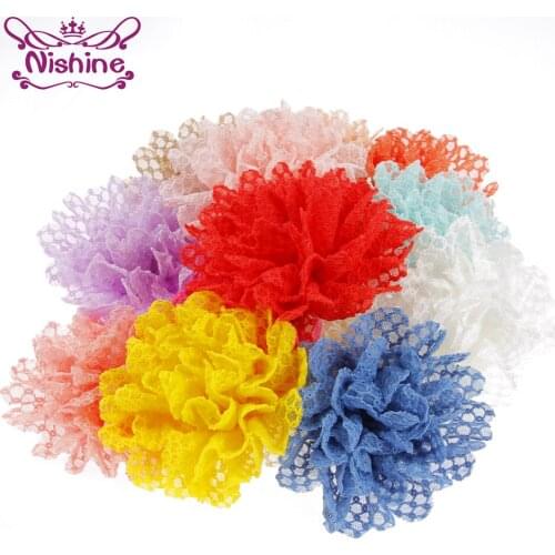 Nishine 30pcs 4" Boutique Flatback Cotton Flower for Girls Headband Kids Hairpins Weave Shape Lace Flower Hair Accessories