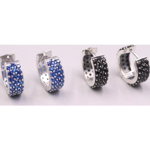 New Pure 925 Sterling Silver Earrings 17x6mm Beautiful Blue Or Black Zircon Ear Hoop For Woman