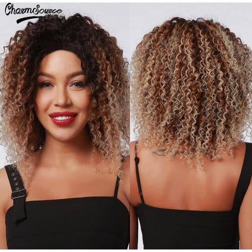 CharmSource Curly Bobo Lace Part Synthetic Wigs Ombre Brown for White Black Women Daily Hair High Density Heat Resistant Wig
