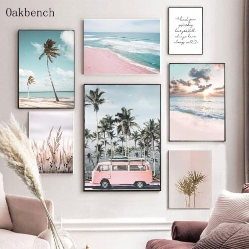 Landscape Canvas Painting Beach Bus Art Print Sunset Poster Palm Trees Reed Paintings Nordic Wall Pictures For Living Room Decor