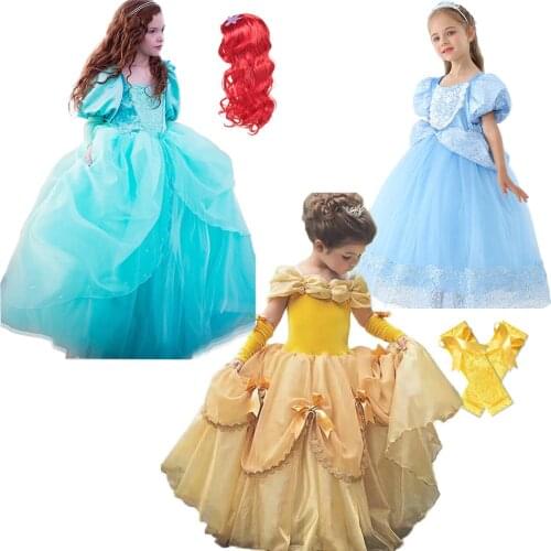 Ankle Length Mermaid Belle Sofia Princess Ball Gown Dress for Girl Kid Snow White Long Hair Anna Elsa Aladdin Costume