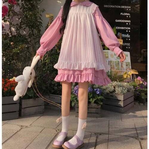 Kawaii Girls Sweet Cute Lolita Dress Round Collar Princess Maid Vintage Ruffles Dresses Puff Sleeve Red Black Pink Women Dress