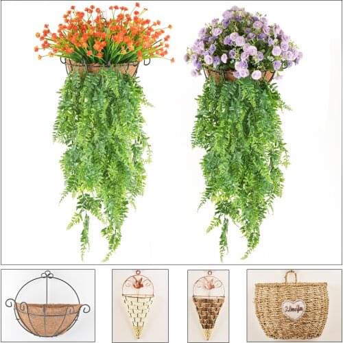 Iron Semi round Coconut Palm Flowerpot Wicker Rattan Flower Basket Plant Pot Holder Home Wall Hanging Garden Decor Decoration