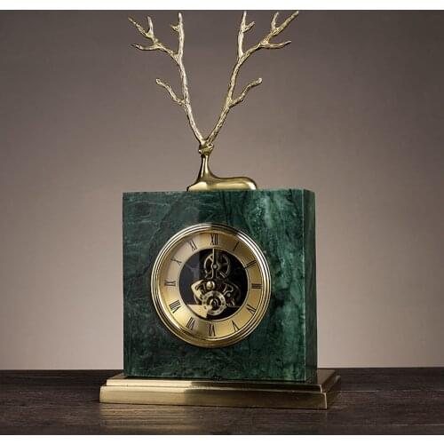 Luxury Marbel Desk Clock with Golden Deer Elk Statue Premium Design Table Clock Brass Home Decoration Living Room Ornament Gift
