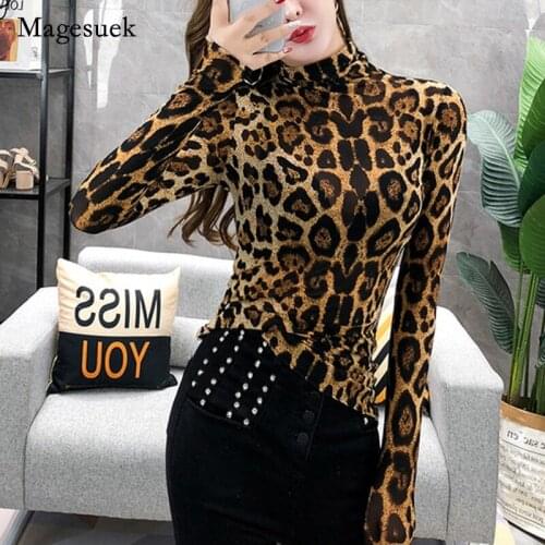 Turtleneck Shirt Ladies OL Party Top Streetwear Fashion Women Long Sleeve Leopard Blouse Blusas Elegante Plus Size Tops 7704 50