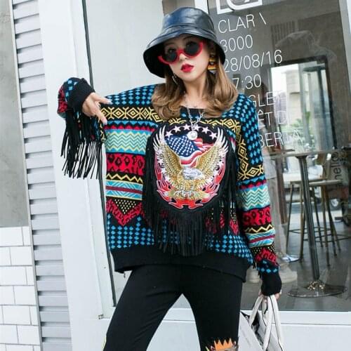 Hip Hop Streetwear tassel Sweater with Fringe Long Sleeves Luxury Embroidery Loose Knitted Jumpers womens GEOMETRIC Pullover