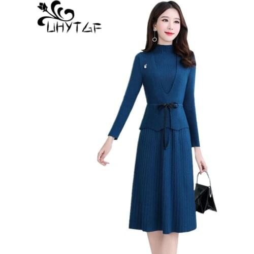 UHYTGF knitted two-piece autumn winter sweater dress Womens stand-up collar sleeveless pullover casual set Female long dress 679