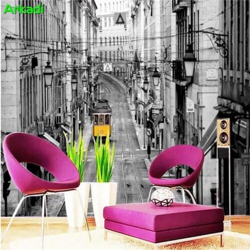 Vintage london street yellow bus European background wall vintage car landscape wallpaper photo living room TV background mural