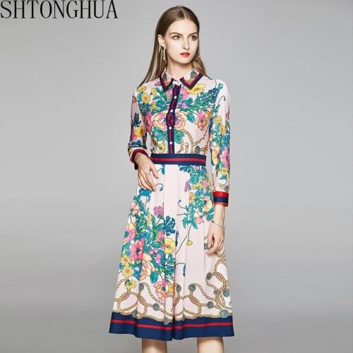 High Quality Fashion Runway Elegant Dress Women Turn-down Collar Long Sleeve Flower Print Contrast Color Slim Knee-Length Dress