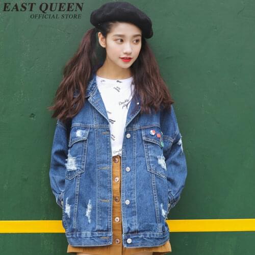 Ripped denim jacket jean jacket 2018 women Autumn Long Ripped Denim Jacket Women AA2990 Y