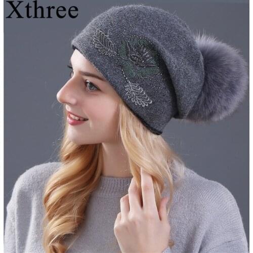 Xthree real fox fur pom poms and winter wool knitted hat for women Lace Embroidery flower Skullies hat wholesale