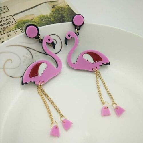 1 pair Fashion Jewelry Pink Tassles Cute Acrylic Flamingo Women Earrings Big Over Size Birds Shape Drop Earrings For Girls Party