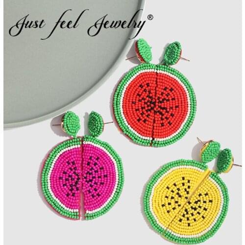 JUST FEEL Boho Fruit Watermelon Shape Beads Drop Dangle Earrings Handmade Red And Yellow Earrings Female Wedding Pendant Jewelry