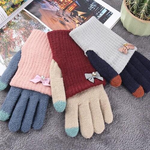 Women Winter Bowknot Double Layer Touch Screen Full Finger Knitted Gloves Mitten