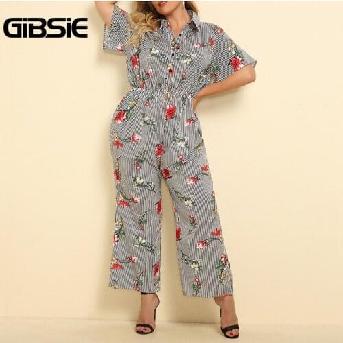 GIBSIE Striped And Floral Print Shirt Jumpsuit Women Summer High Waist Short Sleeve Wide Leg Jumpsuits Plus Size Without Belt