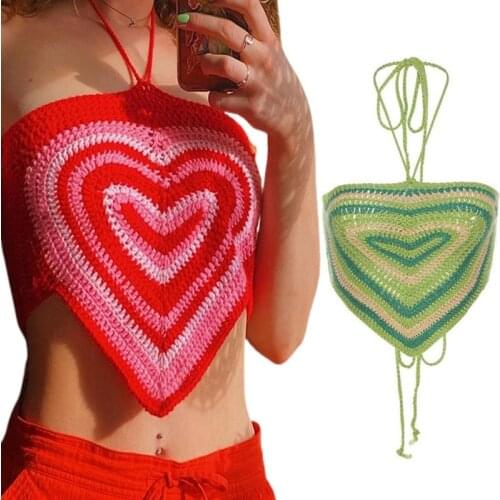 Women Sexy Halter Crop Top Sweet Heart Crochet Knitted Off Shoulder Camisole Criss Cross Backless Lace-Up Slim Bustier
