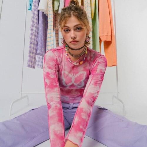 Aesthetic Pink Butterfly Print Ruffle T-shirt Y2k Fashion Goth Tie Dye Long Sleeve Sexy Crop Tops kawaii Top women fairy grunge