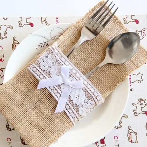 10/20/50PCS Burlap Lace Cutlery Pouch Holder Bag Rustic Wedding Tableware Knife Fork Bags Birthday Party Supplies Decoration