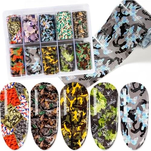 1Box 10pc Nail Foils Transfer Decal Camouflage Wraps Sticker Decals Starry Paper Manicure Decor Set For Nail Art Tip Decoration