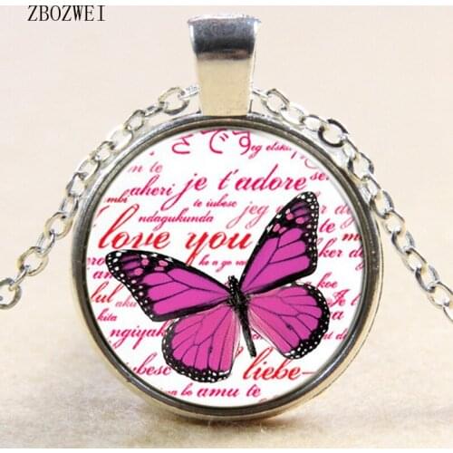 2018/ new hot rose red butterfly pattern glass pendant necklace for men and women clothing accessories necklace jewelry