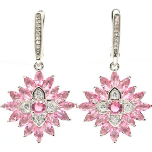 36x20mm Lovely Cute Created Pink Tourmaline Bright Zircon For Ladies Daily Wear Silver Earrings Wholesale