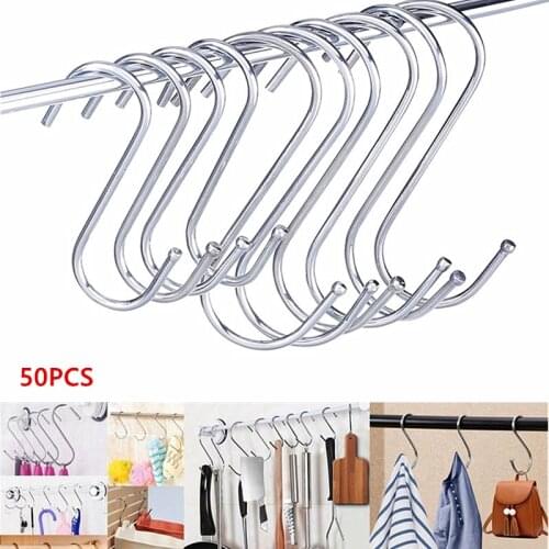 50Pcs/Set Stainless Steel S Shaped Hooks Household Kitchen Door Wall Hangers Clothes Handbag Holder