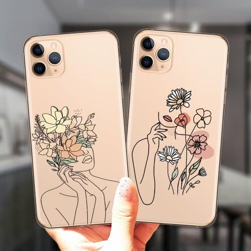 Minimal Lines Woman Flowers Art Phone Case For iPhone 11 12 Pro XS Max X XR 6 6S 7 8 Plus 5S SE 12Mini Clear Soft Silicone Cover