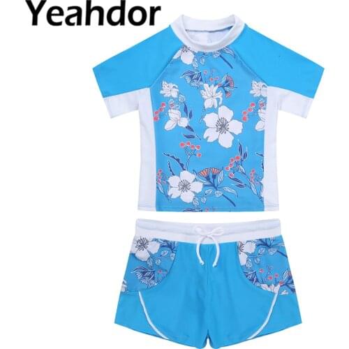 Kids Girls Two Pieces Swimwear Swimming Suit Round Neck Short Sleeves Floral Print Top and Drawstring Boyshorts Bathing Suits